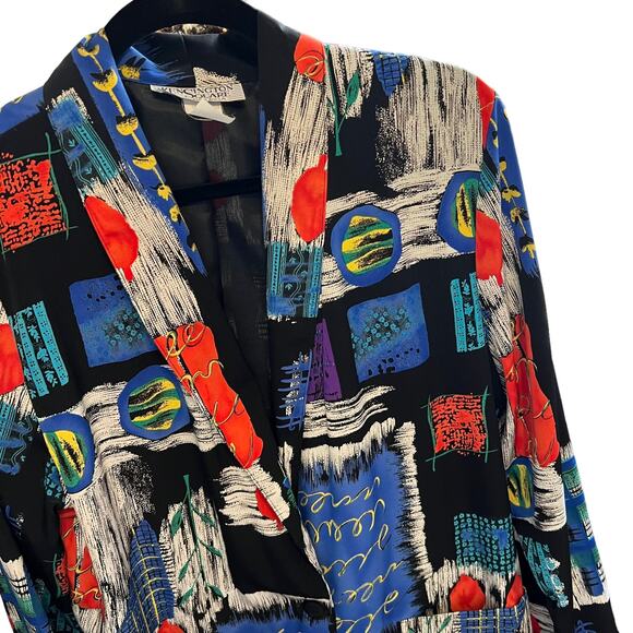 Vintage 1980s Kensington Square Cobalt Abstract Shawl Collar Blazer S - Picture 5 of 9